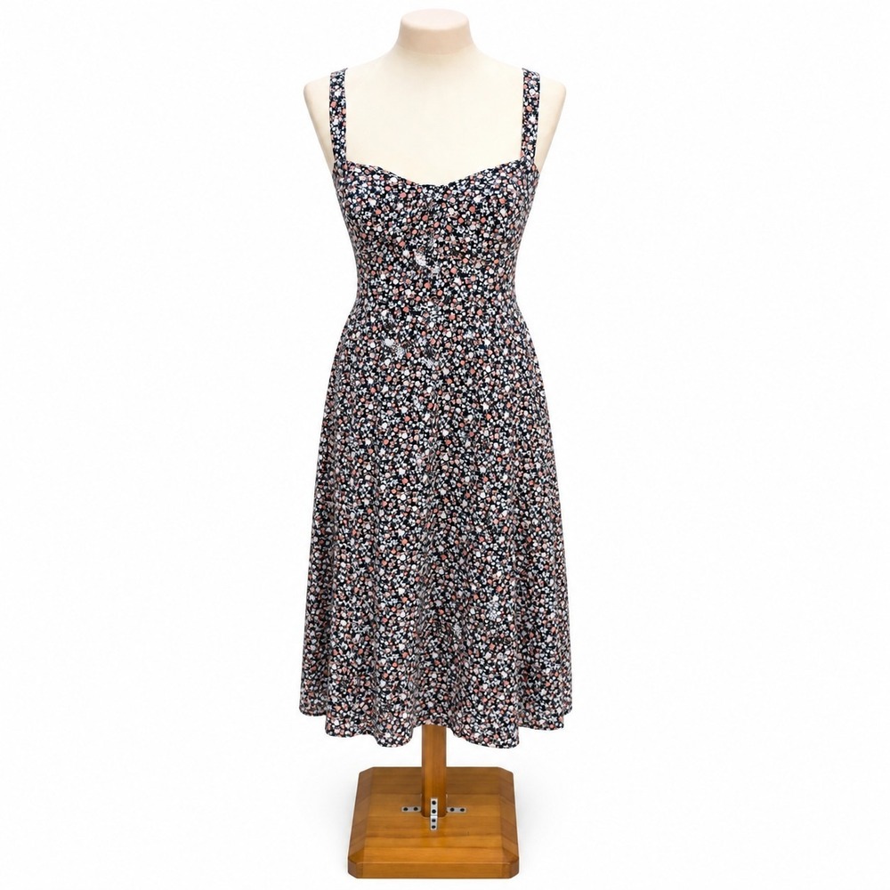 AUW Floral Midi Dress Women Size L Black Ditsy Floral Adjustable Straps Pockets